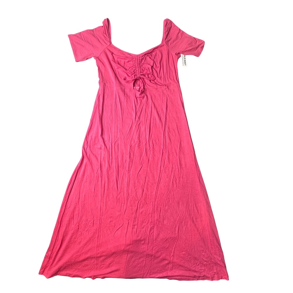 Old Navy Dress Womens L Pink Lady Guava Ruched Front Midi Short Sleeve 715412-01
